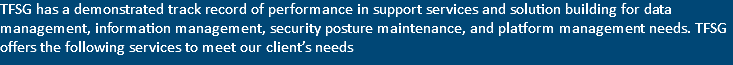TFSG has a demonstrated track record of performance in support services and solution building for data management, information management, security posture maintenance, and platform management needs. TFSG offers the following services to meet our client’s needs